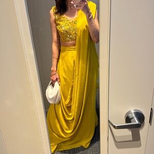 Mustard Yellow Pre-Stitched Saree Set With Sequin Embroidered Blouse